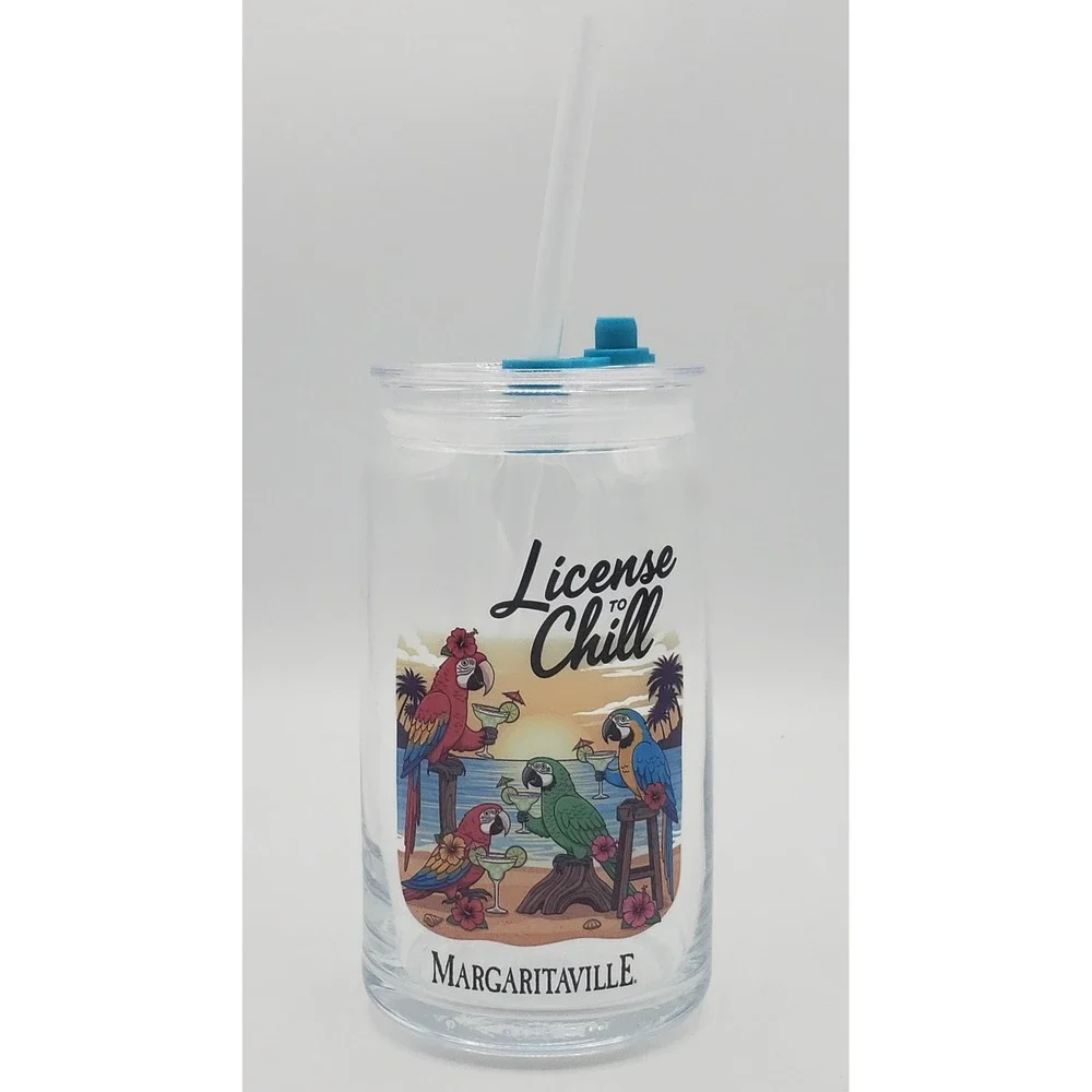 Margaritaville NEW 16oz Glass Sipper with Straw and Lid License to Chill Parrot